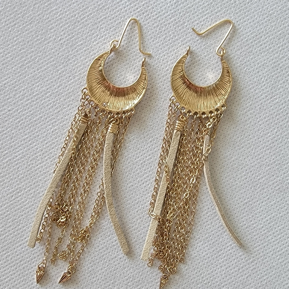 Boho Faux Leather Chain Tassel Drop Earrings - Picture 8 of 9